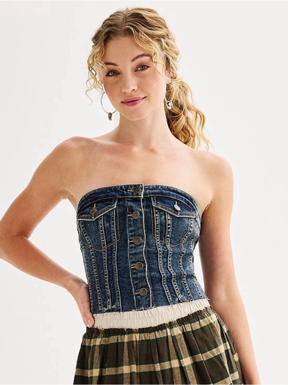 SO Denim Corset Tube Top Strapless Button Front Acid Wash Bustier NWT Sz S